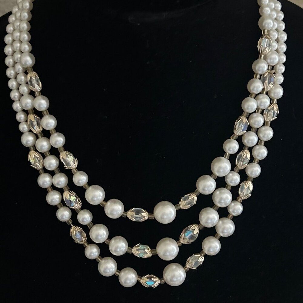 Vintage 1950's Triple Strand Faux Pearl & Crystal Necklace-Hook Clasp